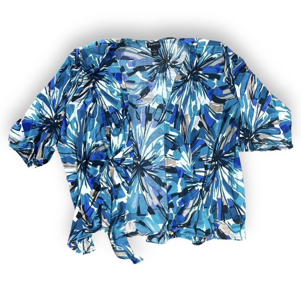 Maggie Barnes Cardigan Womens Plus 1x Blue floral Art Open Front‎ 3/4 Sleeve​